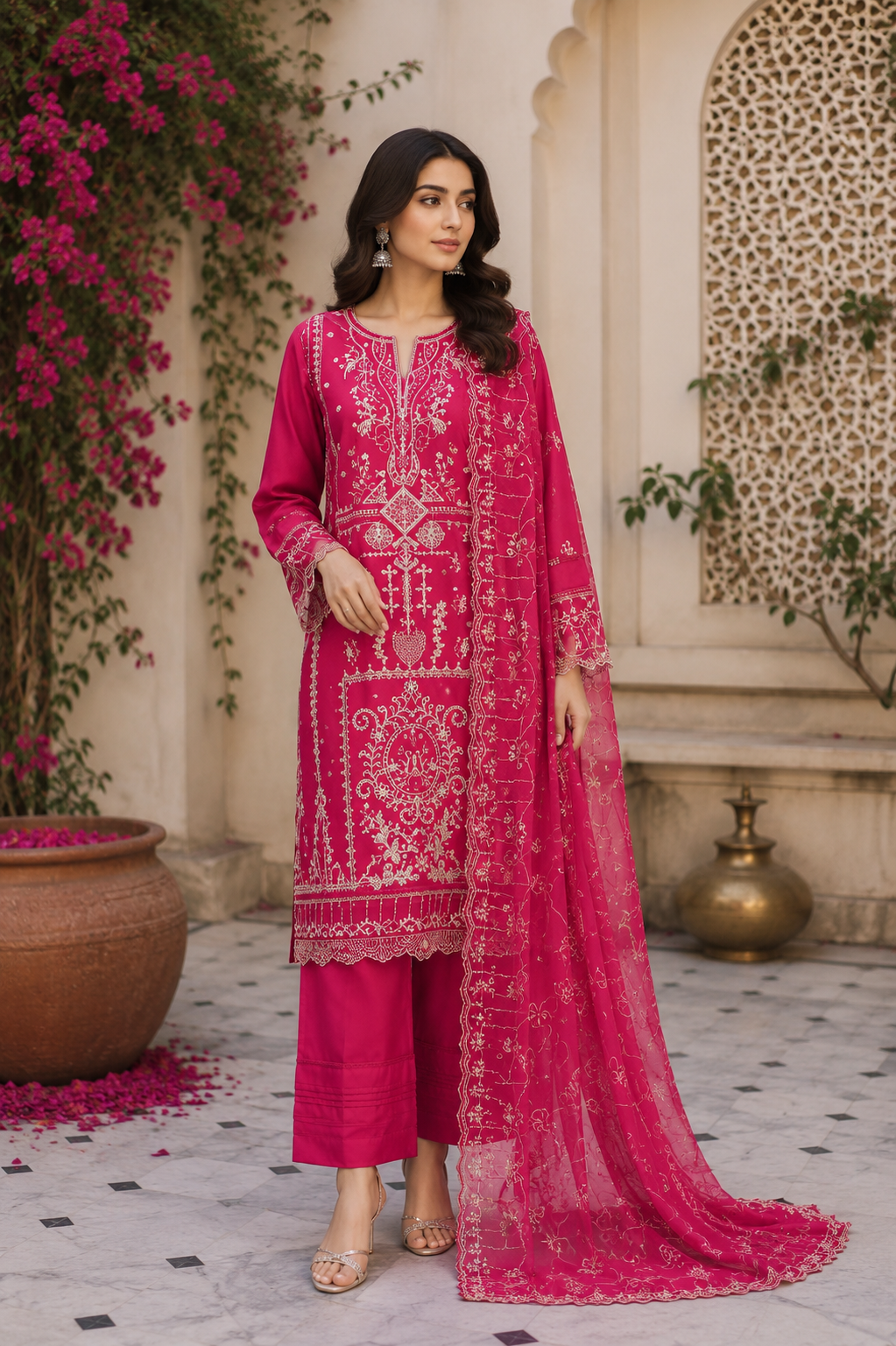 Luxury Hot Pink Embroidered Suit with Organza Dupatta – 3 Piece Ready to Wear