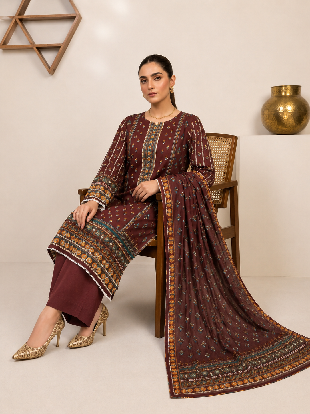 Maroon Printed 3-Piece Lawn Suit with Matching Dupatta