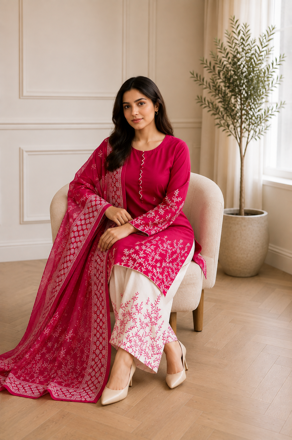 Magenta Botanical Piece Lawn Suit with Chiffon Dupatta