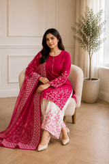 Magenta Botanical Piece Lawn Suit with Chiffon Dupatta