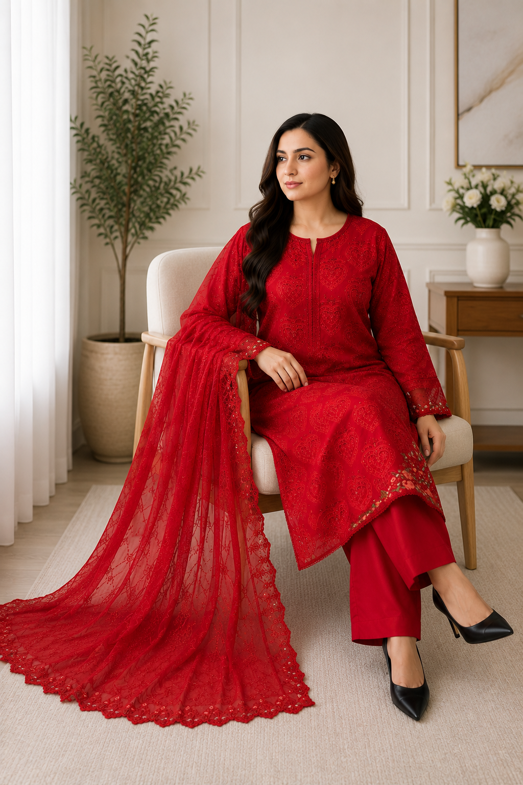 Noor Scarlet Red Embroidered 3-Piece Suit with Sheer Dupatta