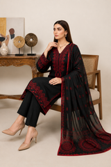 Elegant Black & Crimson Red 3-Piece Lawn Suit with Dupatta