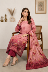 Elegant Blush Pink Floral 3-Piece Lawn Suit with Printed Dupatta
