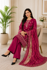 Luxury Magenta Embroidered 3-Piece Suit with Organza Dupatta