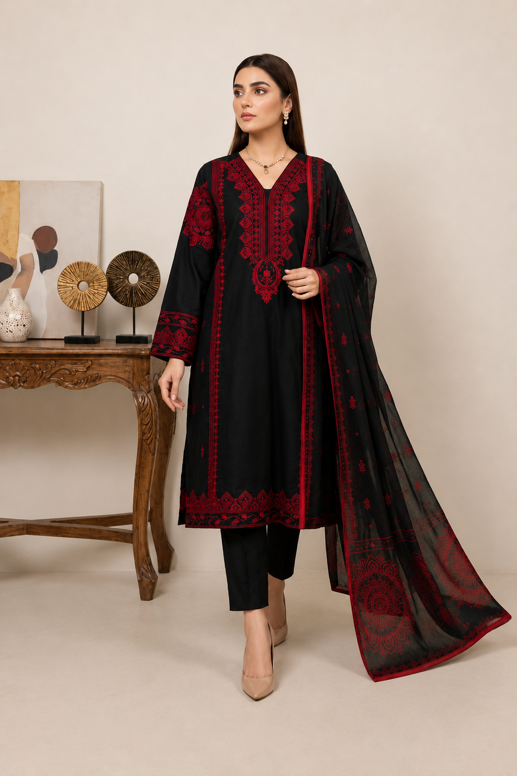 Elegant Black & Crimson Red 3-Piece Lawn Suit with Dupatta