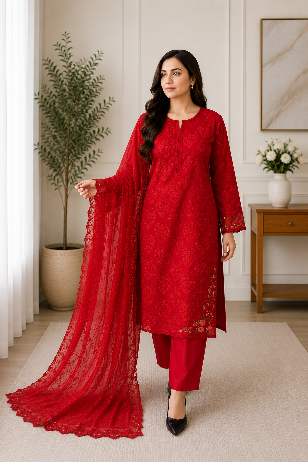 Noor Scarlet Red Embroidered 3-Piece Suit with Sheer Dupatta