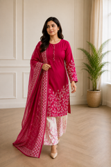 Magenta Botanical Piece Lawn Suit with Chiffon Dupatta