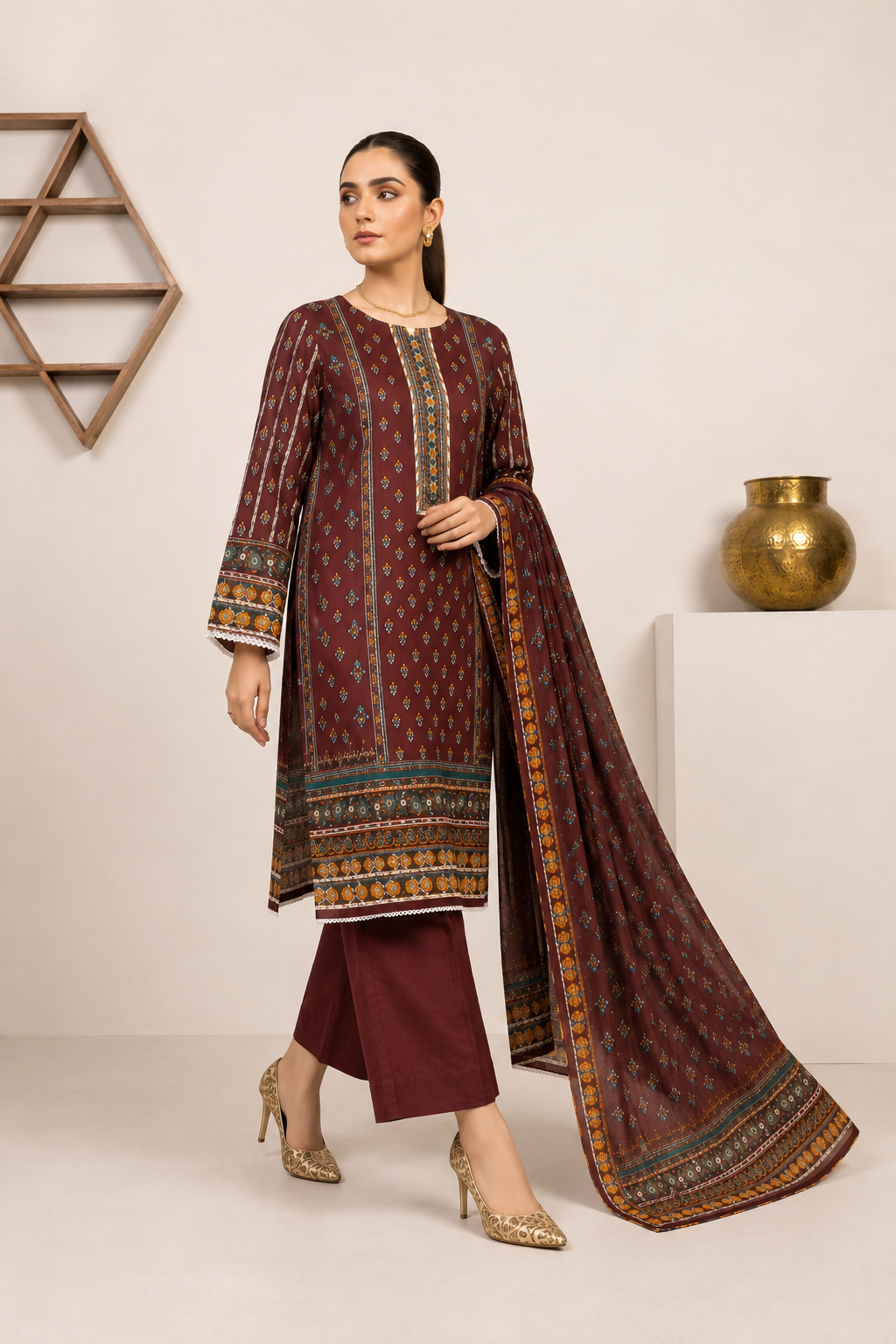 Maroon Printed 3-Piece Lawn Suit with Matching Dupatta