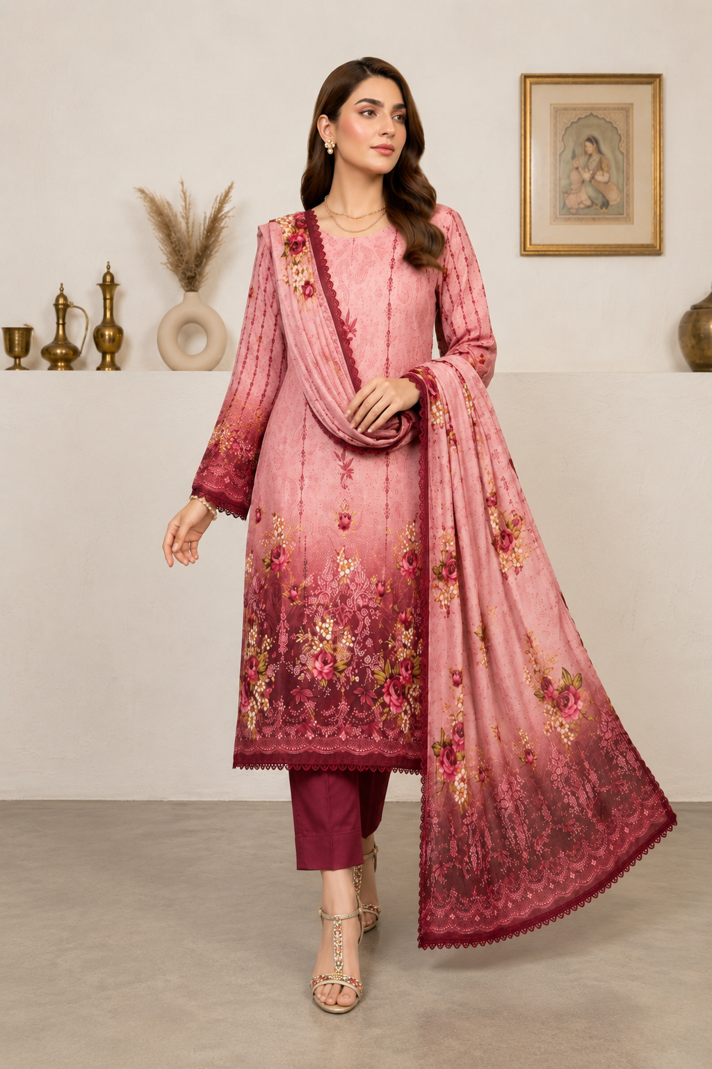 Elegant Blush Pink Floral 3-Piece Lawn Suit with Printed Dupatta