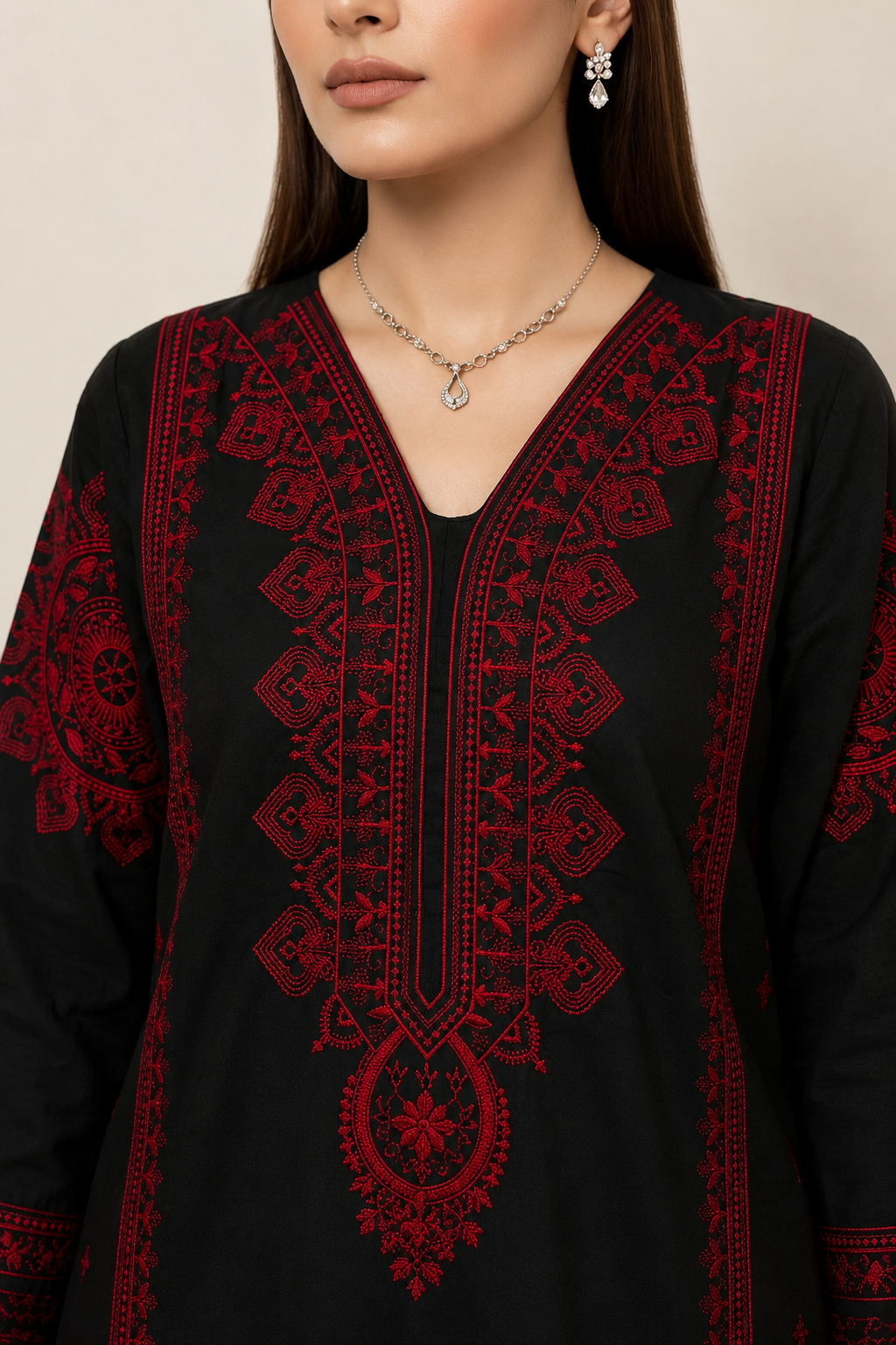 Elegant Black & Crimson Red 3-Piece Lawn Suit with Dupatta
