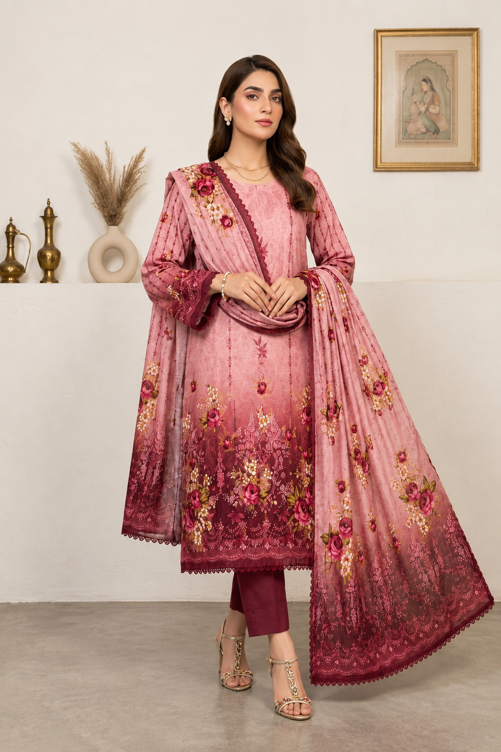 Elegant Blush Pink Floral 3-Piece Lawn Suit with Printed Dupatta