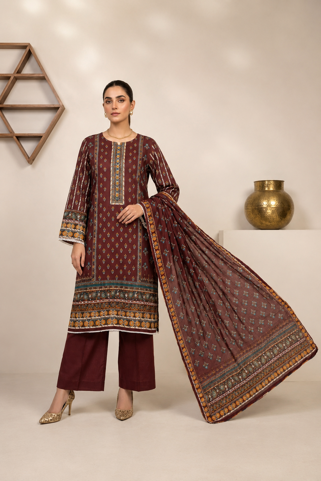 Maroon Printed 3-Piece Lawn Suit with Matching Dupatta