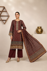 Maroon Printed 3-Piece Lawn Suit with Matching Dupatta