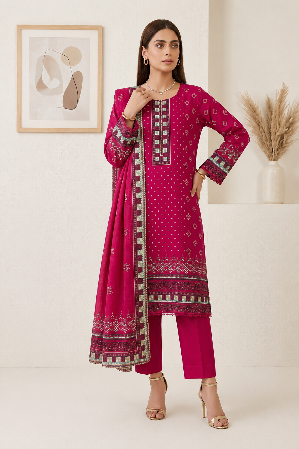 Luxury Fuchsia Pink 3-Piece Lawn Suit with Printed Dupatta