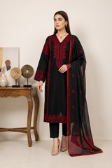 Elegant Black & Crimson Red 3-Piece Lawn Suit with Dupatta