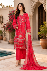 Luxury Red Embroidered Salwar Kameez with Chiffon Dupatta – 3 Piece Formal Suit