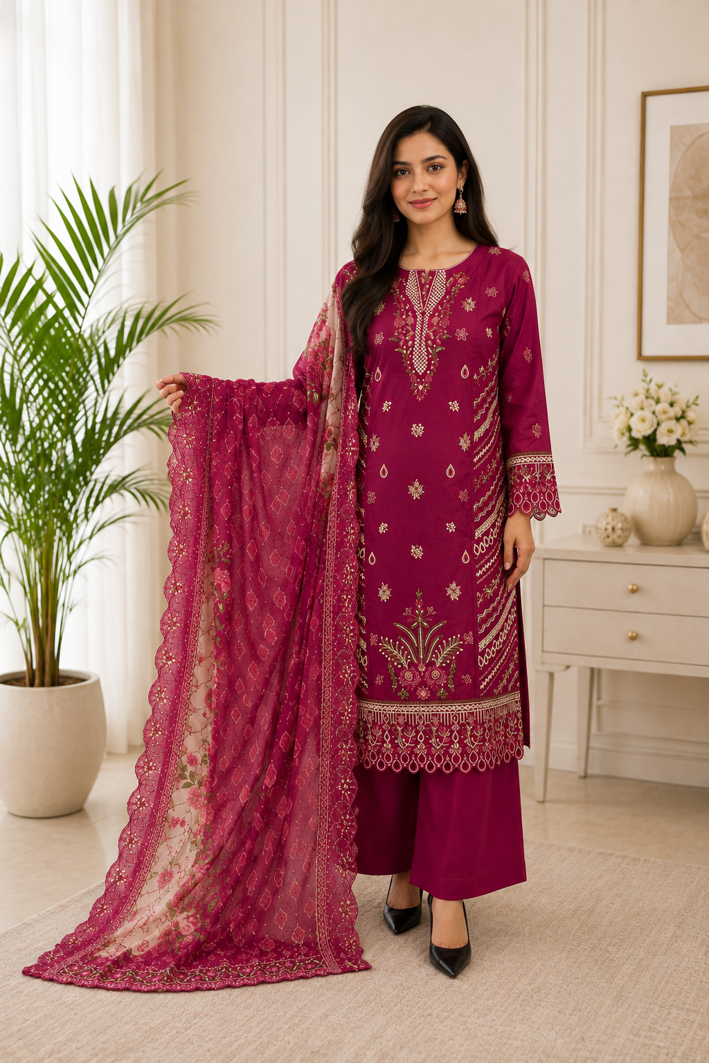 Luxury Magenta Embroidered 3-Piece Suit with Organza Dupatta