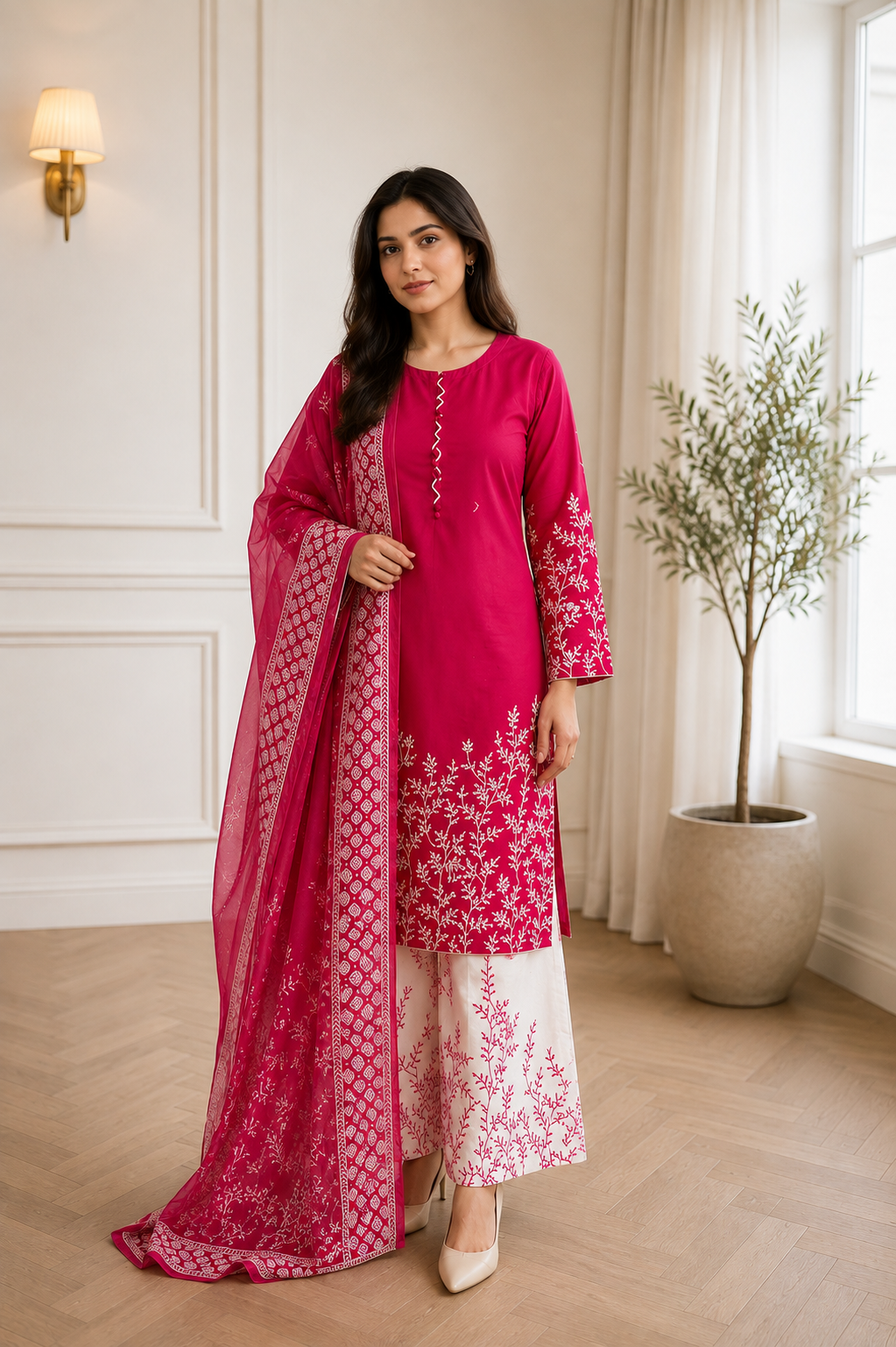 Magenta Botanical Piece Lawn Suit with Chiffon Dupatta