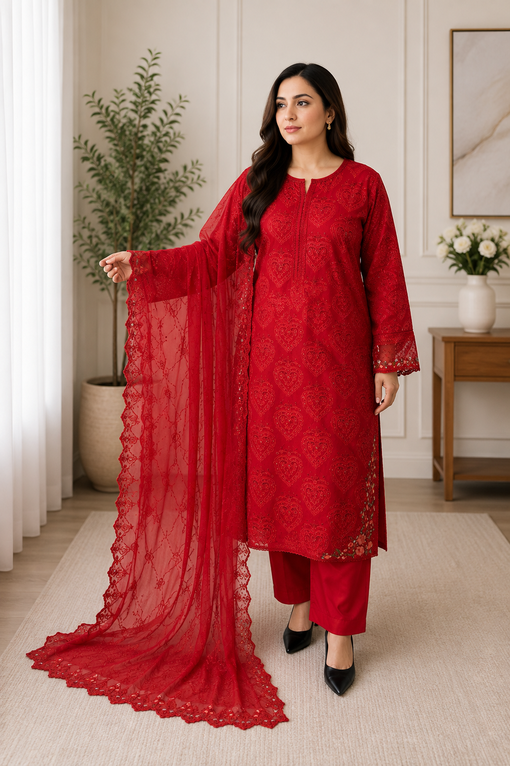 Noor Scarlet Red Embroidered 3-Piece Suit with Sheer Dupatta
