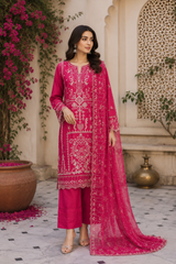 Luxury Hot Pink Embroidered Suit with Organza Dupatta – 3 Piece Ready to Wear