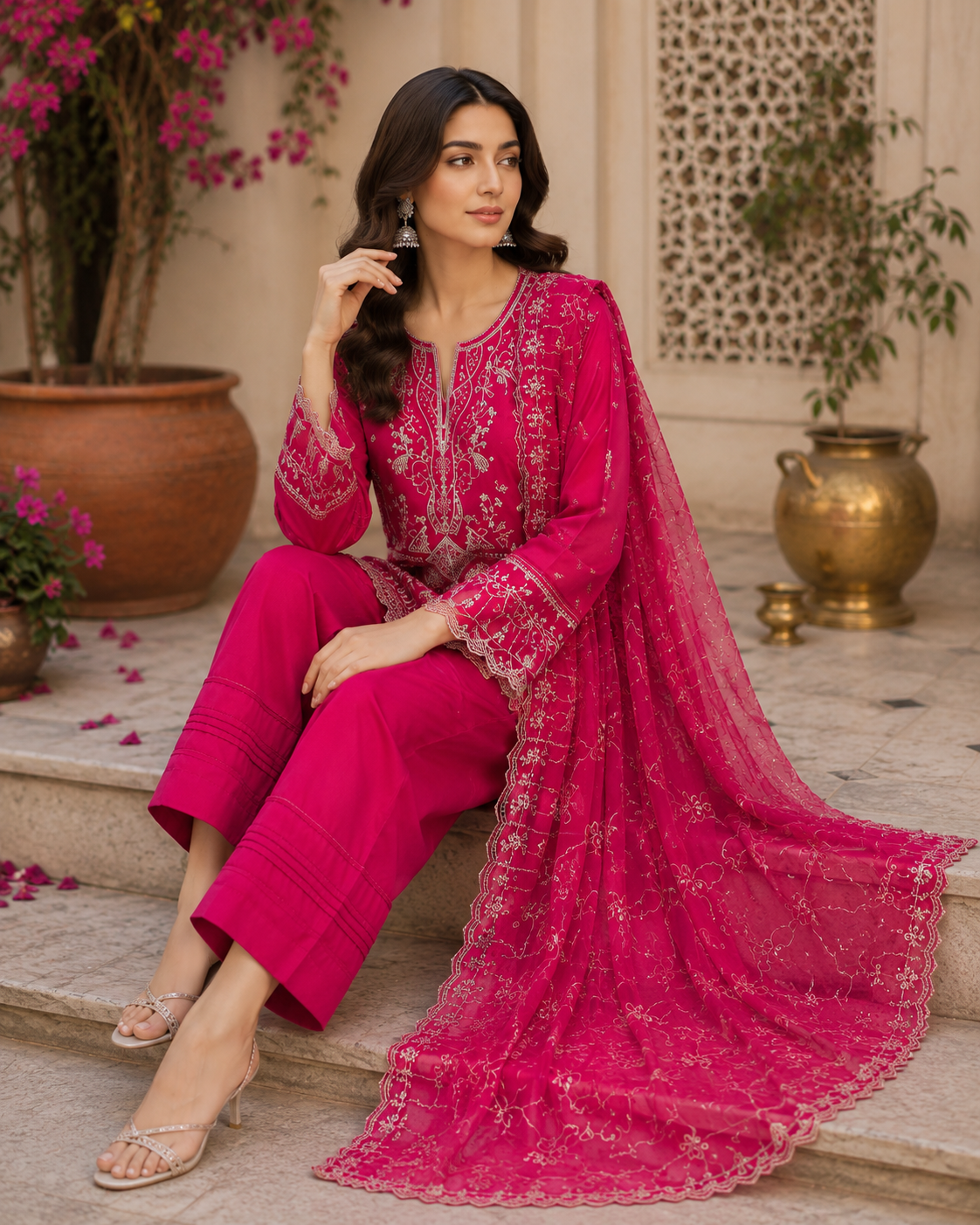 Luxury Hot Pink Embroidered Suit with Organza Dupatta – 3 Piece Ready to Wear