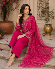 Luxury Hot Pink Embroidered Suit with Organza Dupatta – 3 Piece Ready to Wear