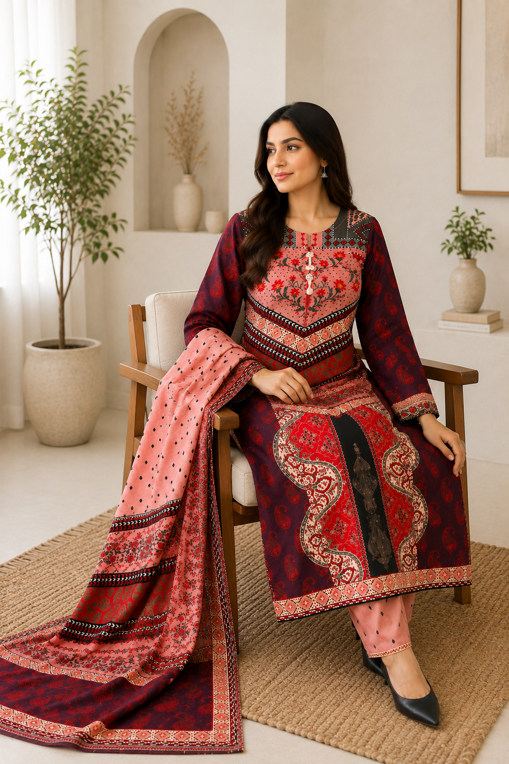 Pakistani Printed Firaq Style 3 Piece Lawn Suit with Dupatta | Maroon & Pink Women's Ethnic Dress
