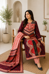 Pakistani Printed Firaq Style 3 Piece Lawn Suit with Dupatta | Maroon & Pink Women's Ethnic Dress