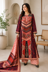 Pakistani Printed Firaq Style 3 Piece Lawn Suit with Dupatta | Maroon & Pink Women's Ethnic Dress