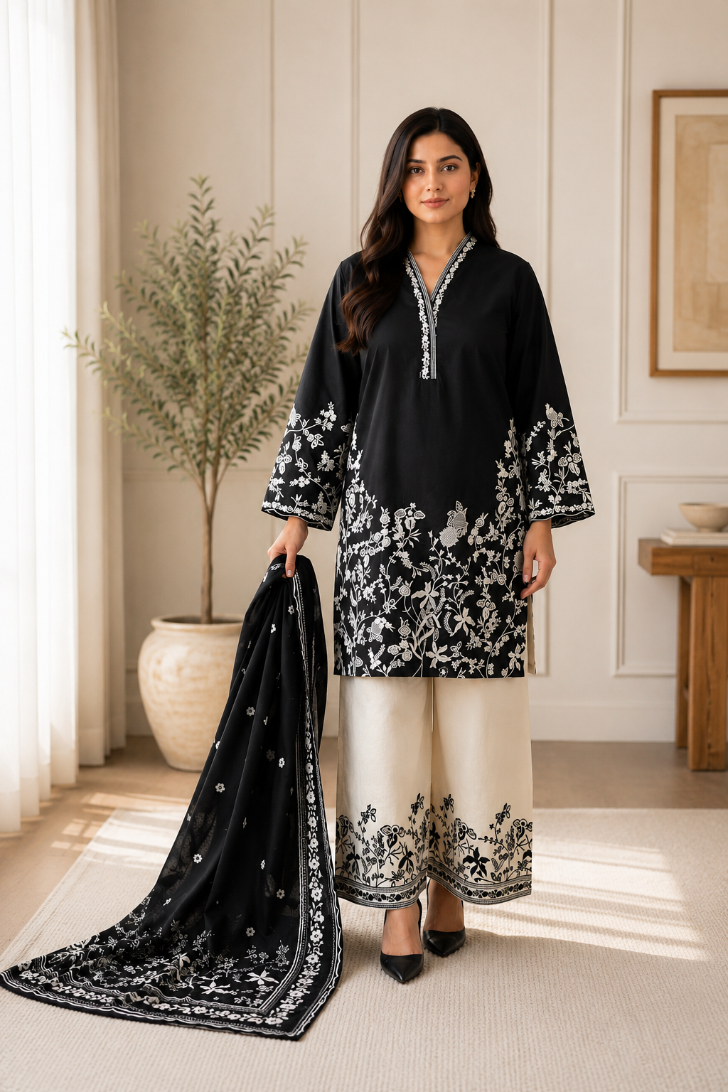 Elegant Black & Ivory Embroidered 3-Piece Pakistani Suit with Dupatta