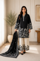 Elegant Black & Ivory Embroidered 3-Piece Pakistani Suit with Dupatta