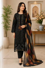 Elegant Black Embroidered 3-Piece Lawn Suit with Printed Dupatta