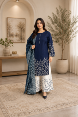 Elegant Navy Blue Embroidered 3-Piece Lawn Suit with Printed Dupatta