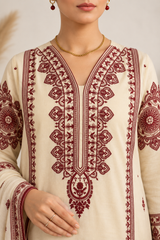 Elegant Ivory & Maroon 3-Piece Lawn Suit with Dupatta
