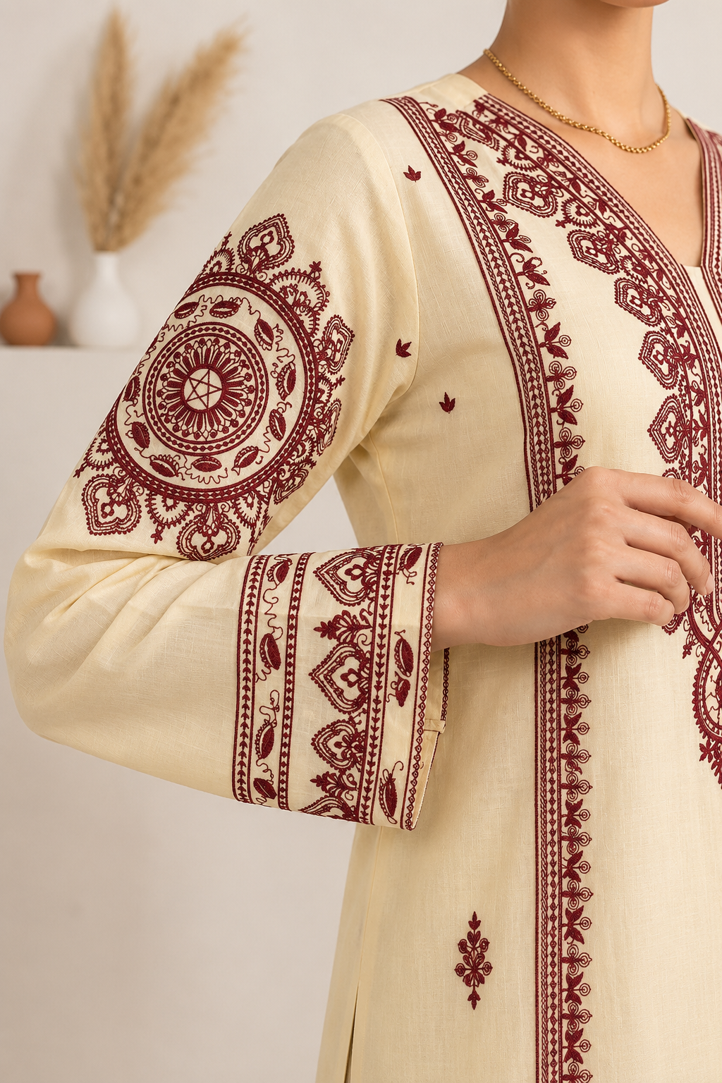 Elegant Ivory & Maroon 3-Piece Lawn Suit with Dupatta
