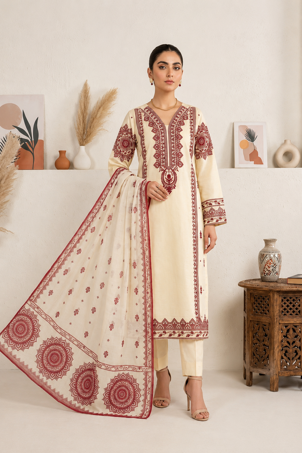 Elegant Ivory & Maroon 3-Piece Lawn Suit with Dupatta