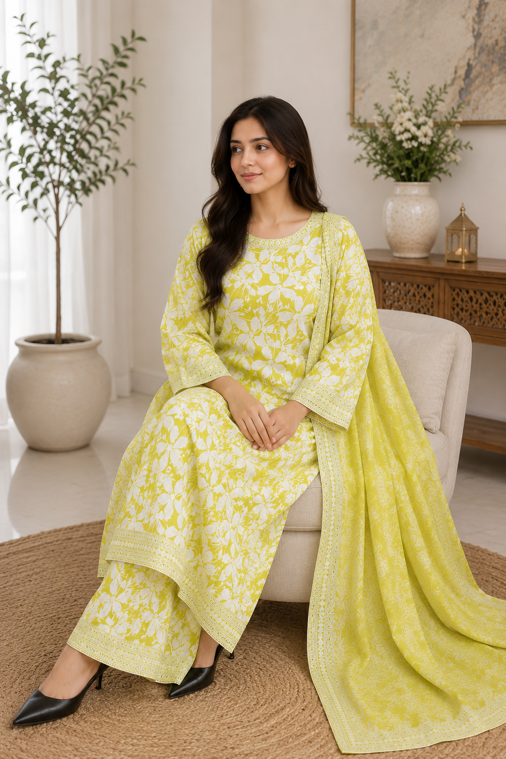 Lime Yellow Floral Embroidere 3 Piece Lawn Suit with Dupatta