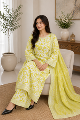 Lime Yellow Floral Embroidere 3 Piece Lawn Suit with Dupatta