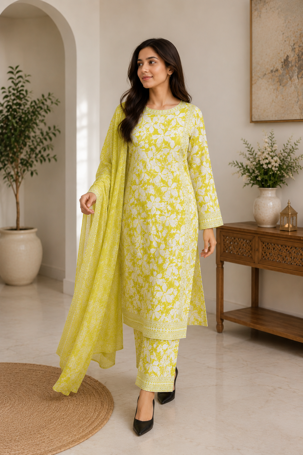 Lime Yellow Floral Embroidere 3 Piece Lawn Suit with Dupatta