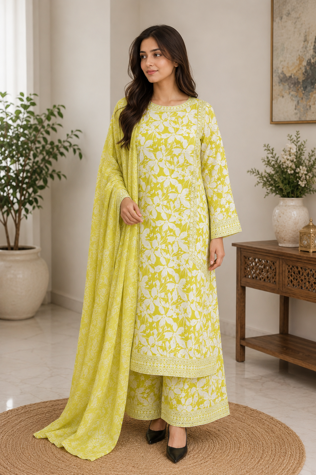 Lime Yellow Floral Embroidere 3 Piece Lawn Suit with Dupatta